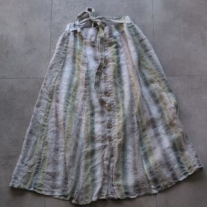 Tregine Brand Women's Button-Front Flowy Striped Skirt 100% Linen